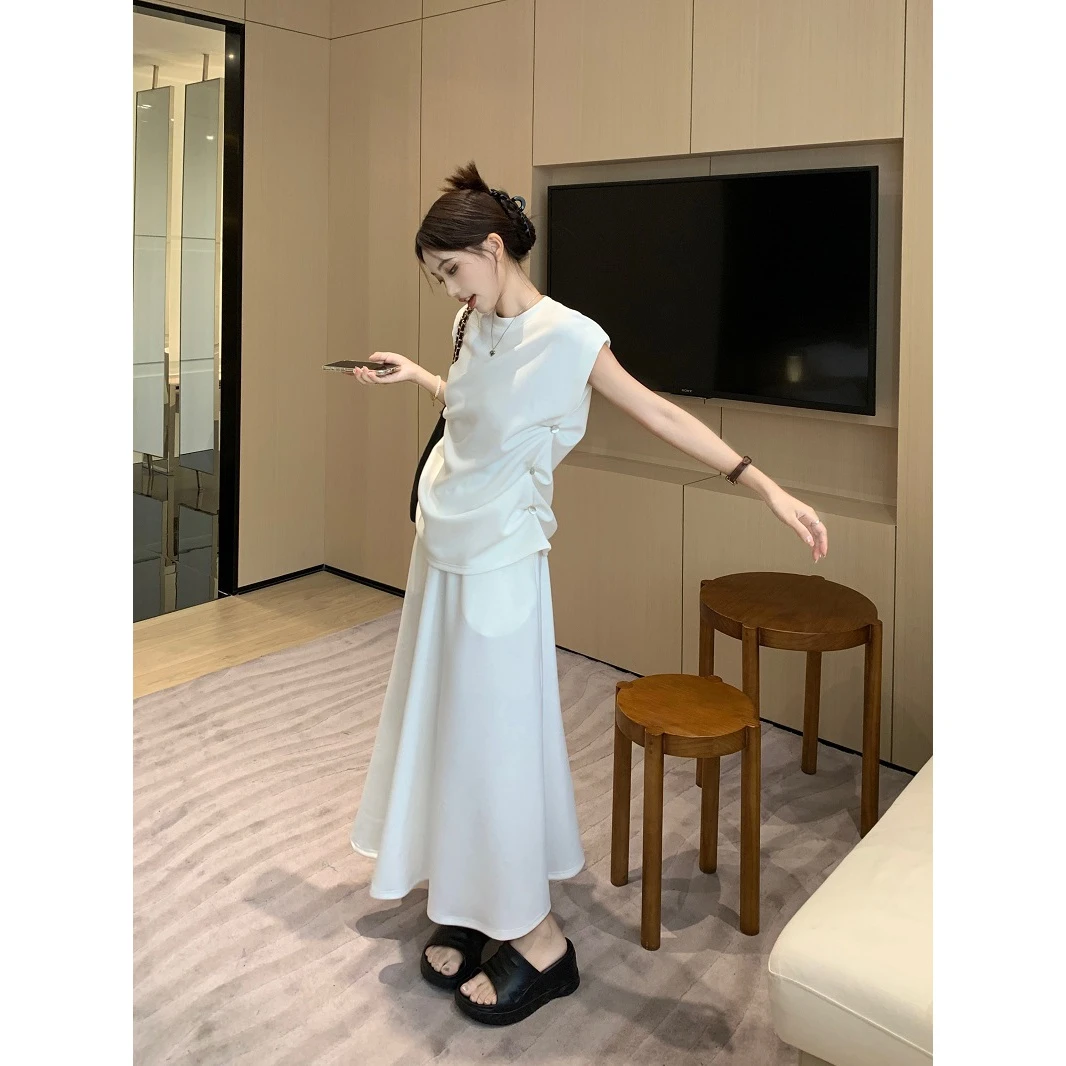 2023夏季无袖褶皱t恤上衣高腰半身裙轻熟风名媛气质两件套装女