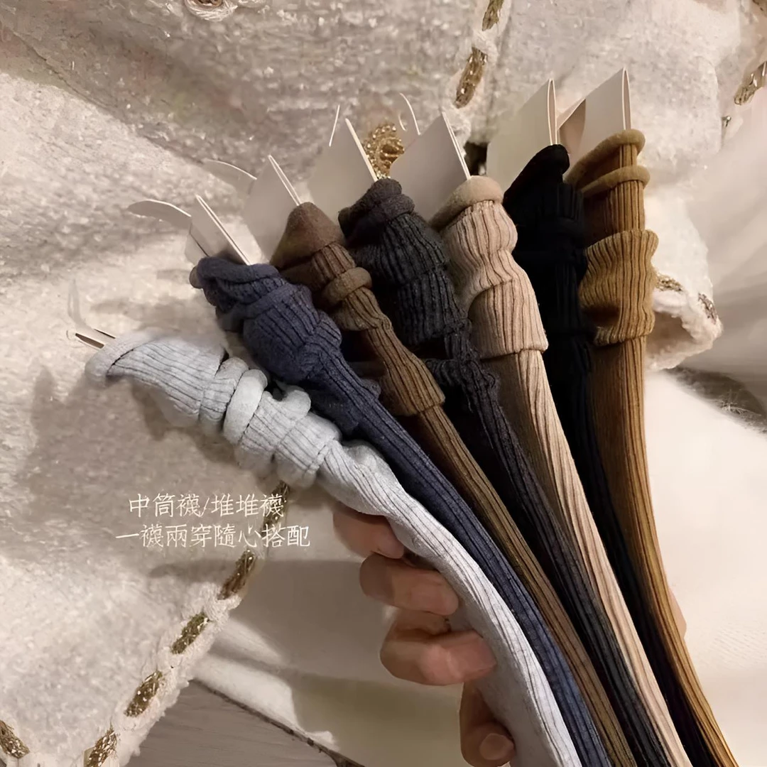 福利春秋磨毛袜子纯色竖条纹奶咖色系时尚袜 ins中筒袜早秋季韩版
