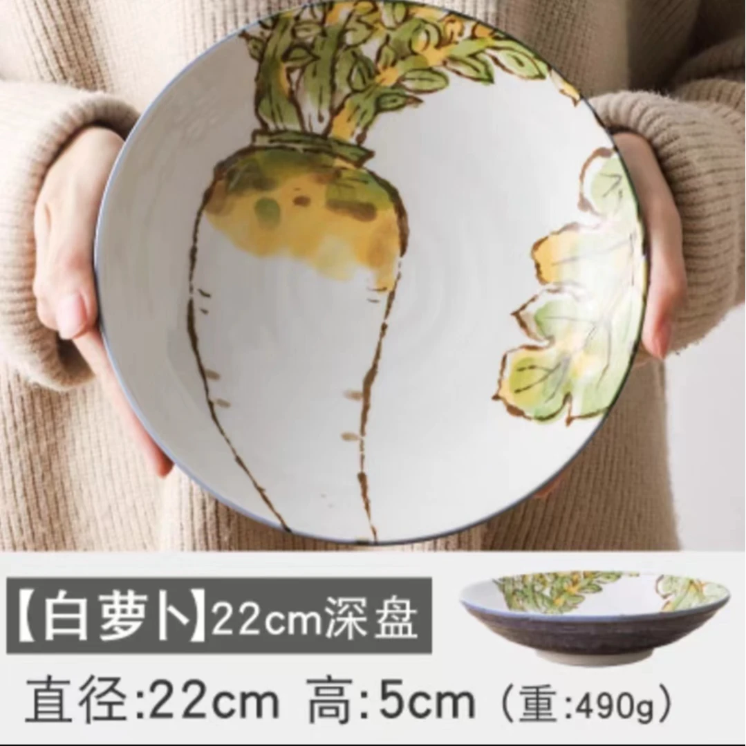 日本进口美浓烧高温釉下彩包邮8.5寸蔬菜田园风70深盘Φ22×5cm