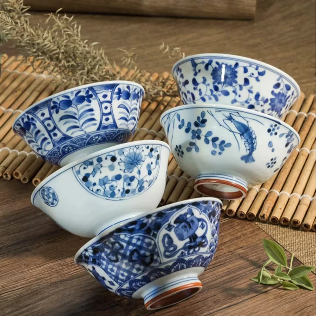 日本进口美浓烧包邮釉下彩陶瓷餐具蓝凛堂青瓷高脚5.5英寸米饭碗