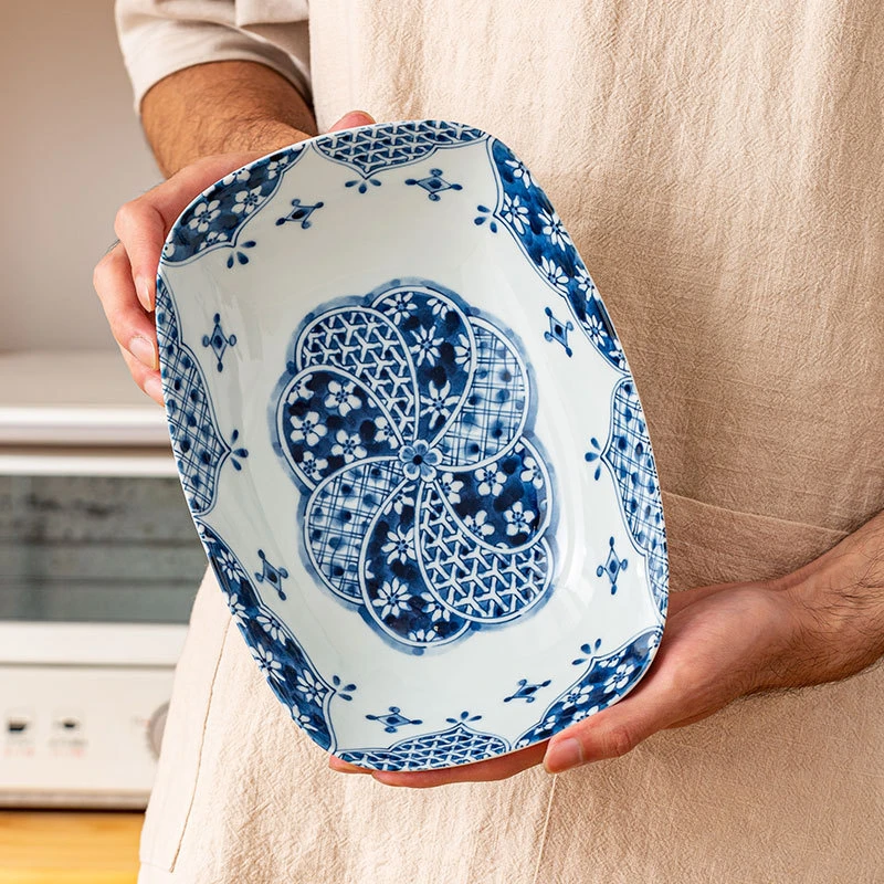 日本进口美浓烧陶瓷大盘9.8寸圆角长方盘 釉下彩菜盘鱼盘包邮