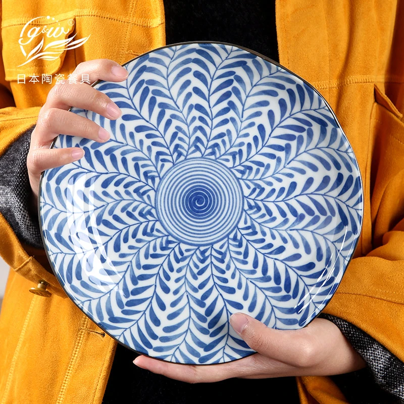 日本进口美浓烧釉下彩陶瓷餐具包邮日式家用柳叶饭碗面碗深盘圆盘