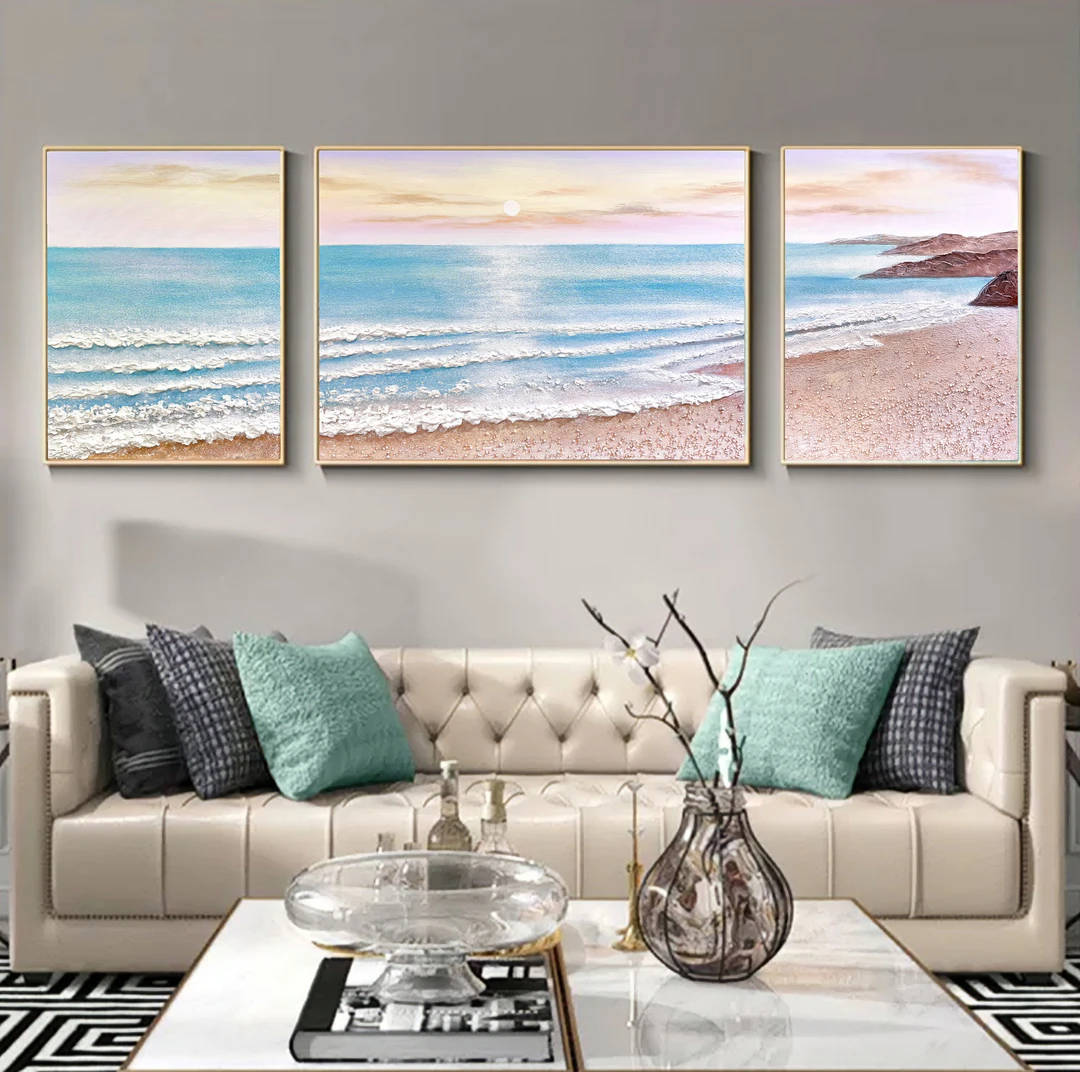 《海阔天空》现代简约客厅沙发背景墙装饰画手绘油画挂画三联