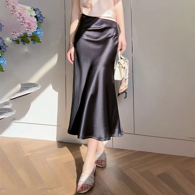 重磅醋酸缎面高腰半身裙百搭丝滑a字中长鱼尾裙子斜裁气质名媛
