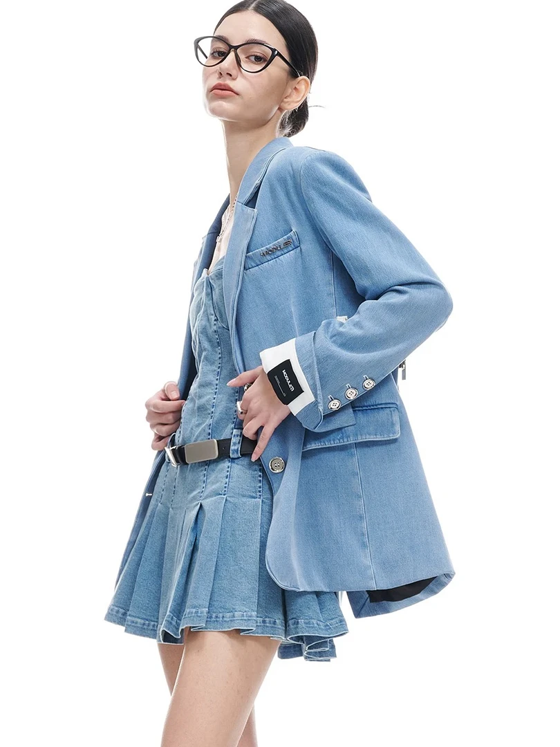 翻袖收腰可调节休闲牛仔西装西服外套