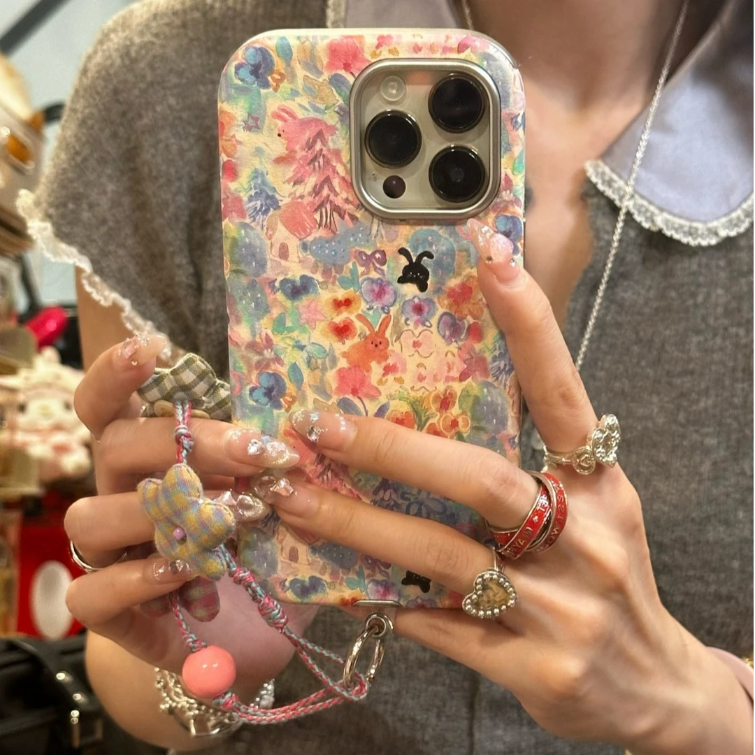 皮纹油画风兔子花朵适用苹果16promax手机壳iphone15手绳1413女套