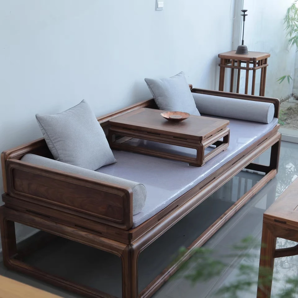新中式黑胡桃木罗汉床小户型简约客厅沙发榆木禅意美人榻日系轻奢