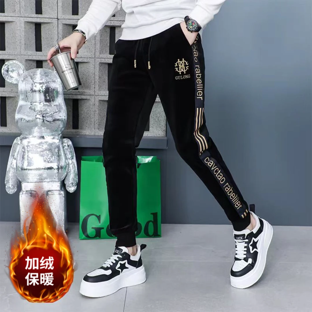 加绒男士冬季长裤轻奢丝绒加厚时尚裤子修身百搭男款裤子冬款加绒
