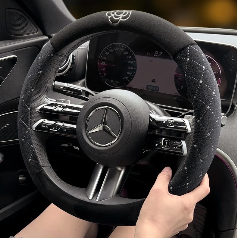 冬季新款汽车方向盘套茶花小香风毛绒冬天保暖把套女性款