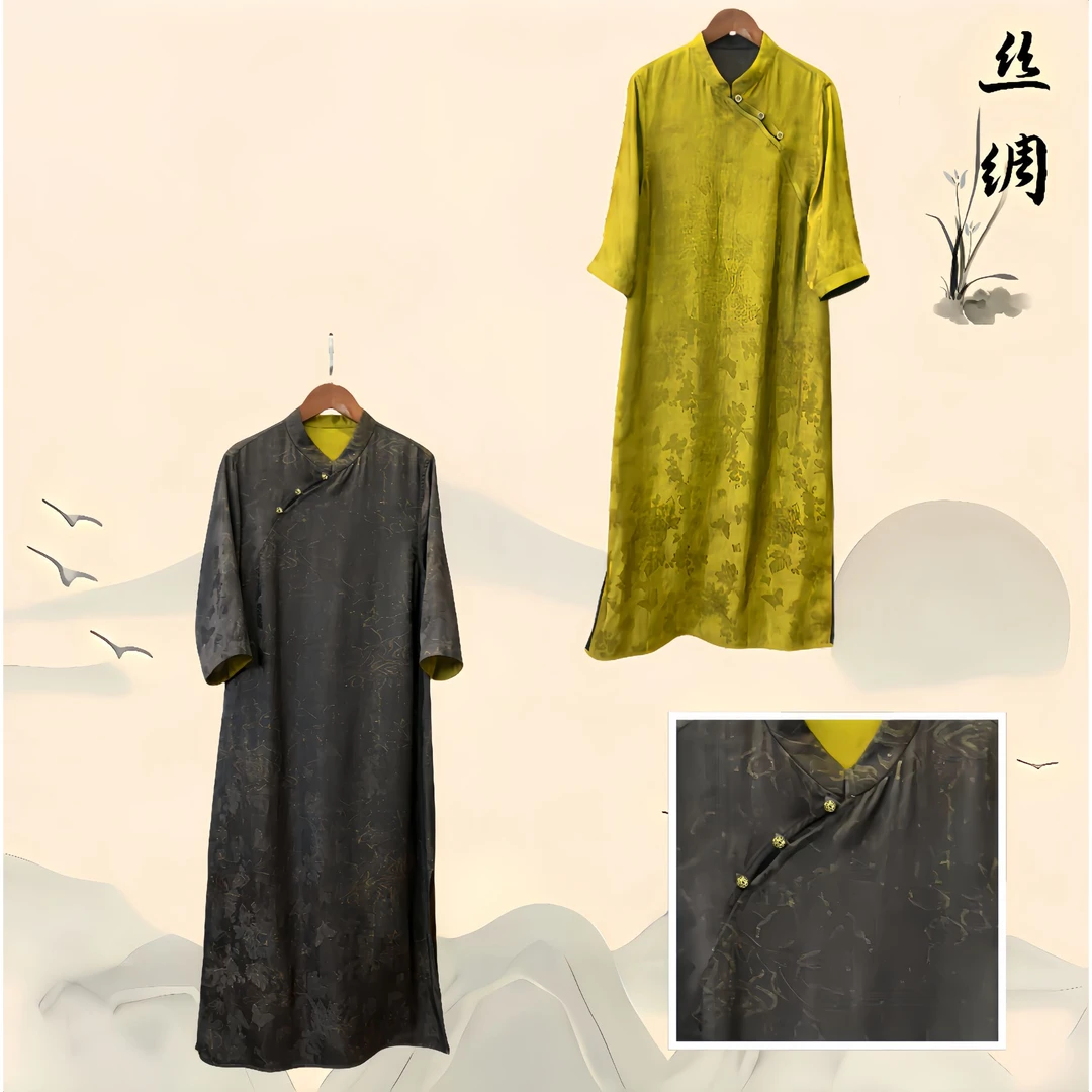 『云栖』新中式国风双面双穿连衣裙2024秋冬新款重磅提花斜襟长裙