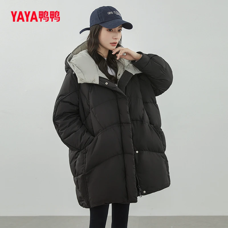 YAYA/鸭鸭冬季加厚欧美版撞色宽松休闲中长款羽绒服YE3B601422N