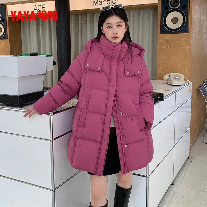 YAYA/鸭鸭极寒加厚连帽韩版中长款宽松羽绒服女YE4B621442N