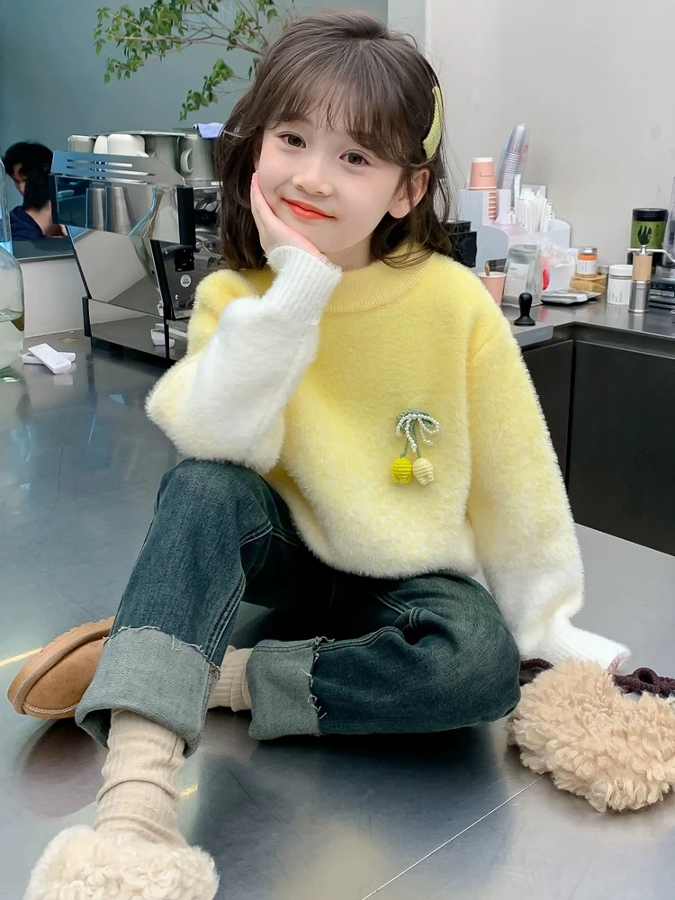 女童秋冬装毛衣2023新款儿童洋气女孩冬季水貂绒渐变色打底衫上衣