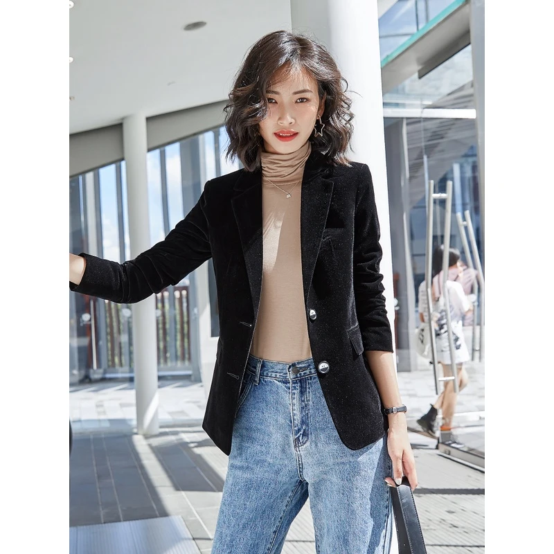 黑色金丝绒韩版小西装外套女春秋2023新款韩版时尚休闲气质小西服
