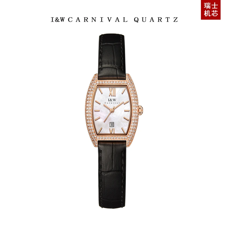 IW爱沃驰小巧精致女士手表酒桶形日历防水贝母盘新款高档真皮腕表
