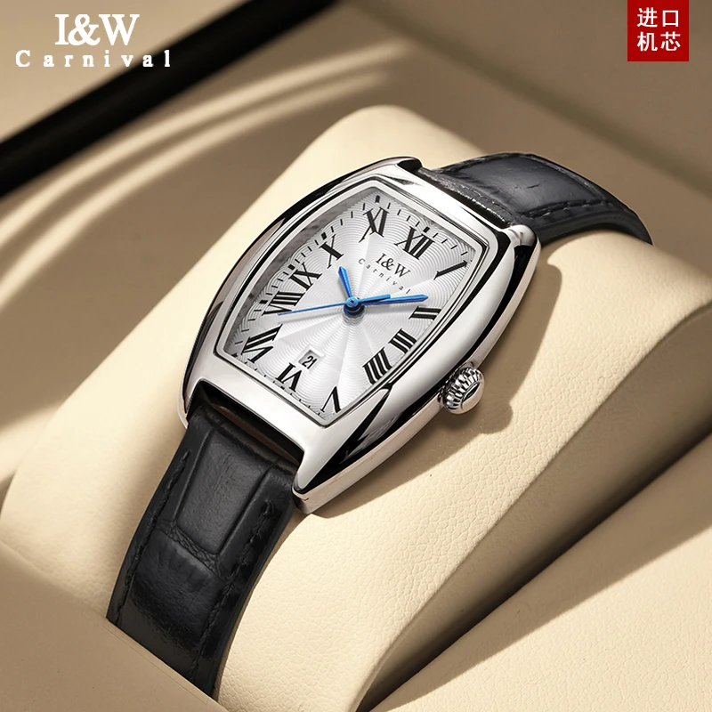 瑞士正品小巧精致女士优雅酒桶形日历防水罗马盘新款高档真皮腕表