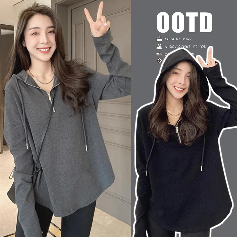 无品牌【熹熹】韵熹孕妇装秋款季新款显瘦拉链连帽休闲长袖卫衣