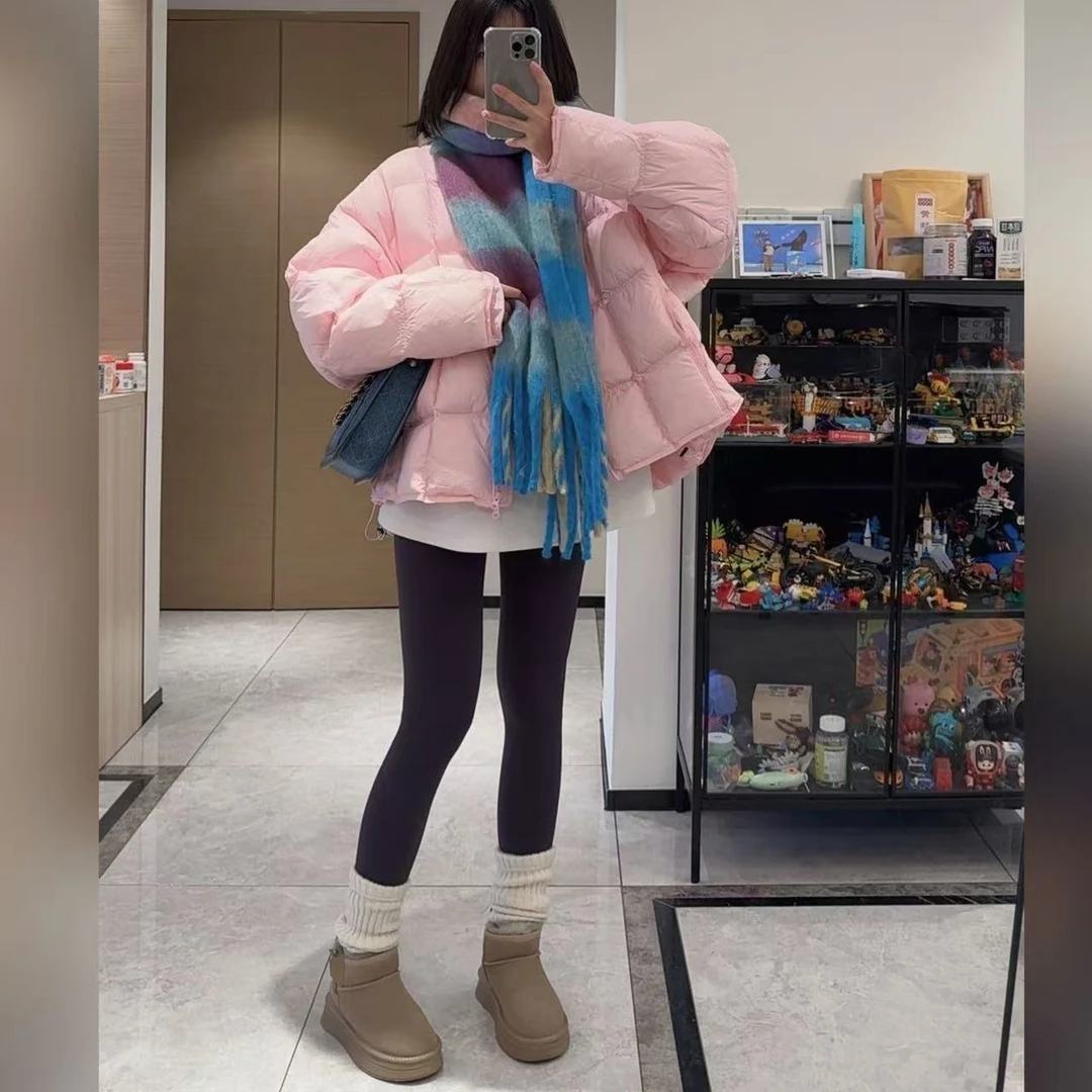 【熹熹】孕妇装韩版小圆领拉链饼干格子前段后长羽绒服外套