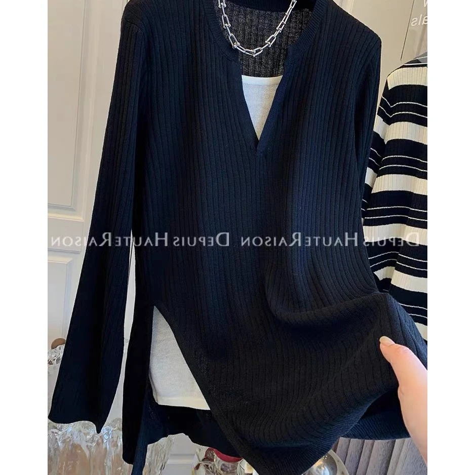 韵熹【熹熹】孕妇装春季新款气质开叉小众黑白拼接假两件针织衫