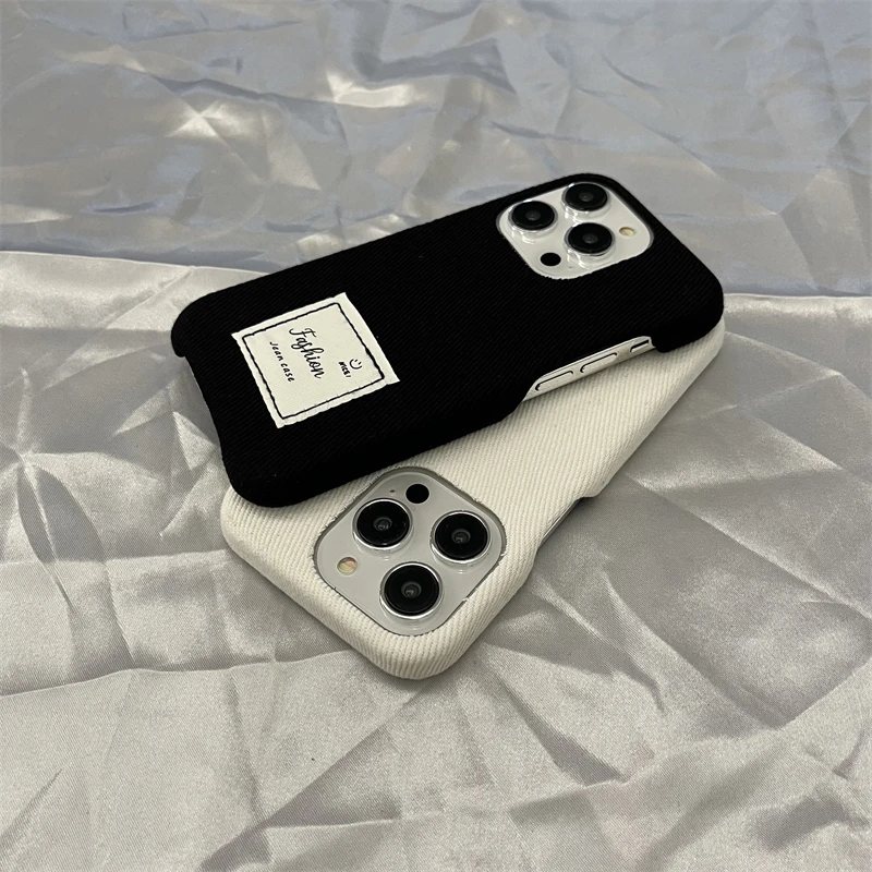 高档编织标签牛仔布适用iPhone15苹果14promax手机壳13简约12半包