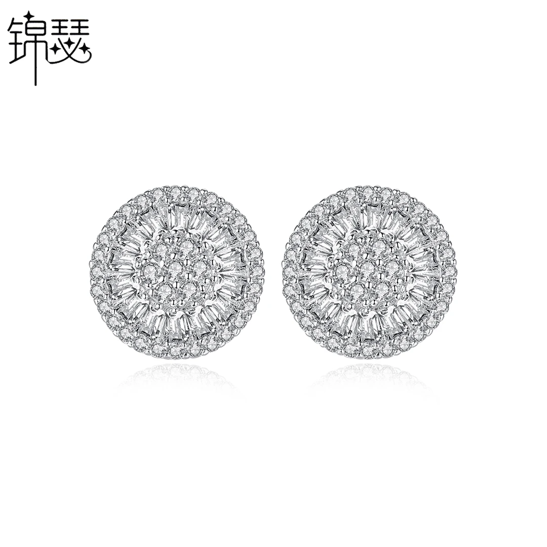 铜合金锆石耳饰 圆盘耳钉铜镶梯方锆石耳环韩版时尚仙女通勤耳饰