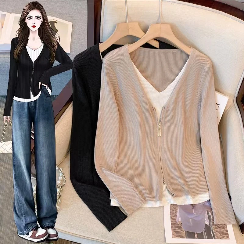 大码女装胖妹妹韩版显瘦假两件秋装上衣针织衫洋气时尚