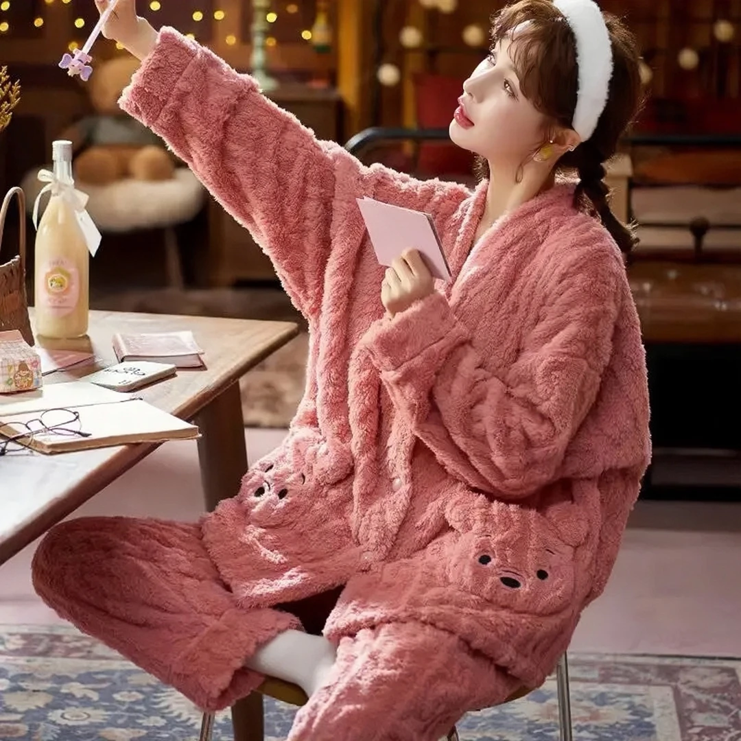 睡衣女冬季珊瑚绒加绒加厚可外穿法兰绒套装可爱学生长袖家居服