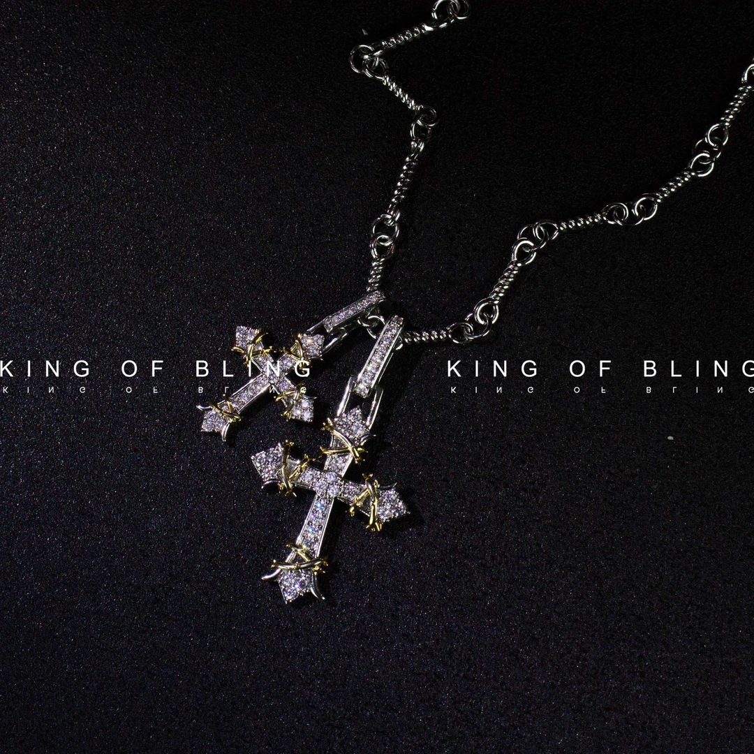 铜合金锆石项链 KING OF BLING克罗荆棘十字架欧美高定情侣镶钻
