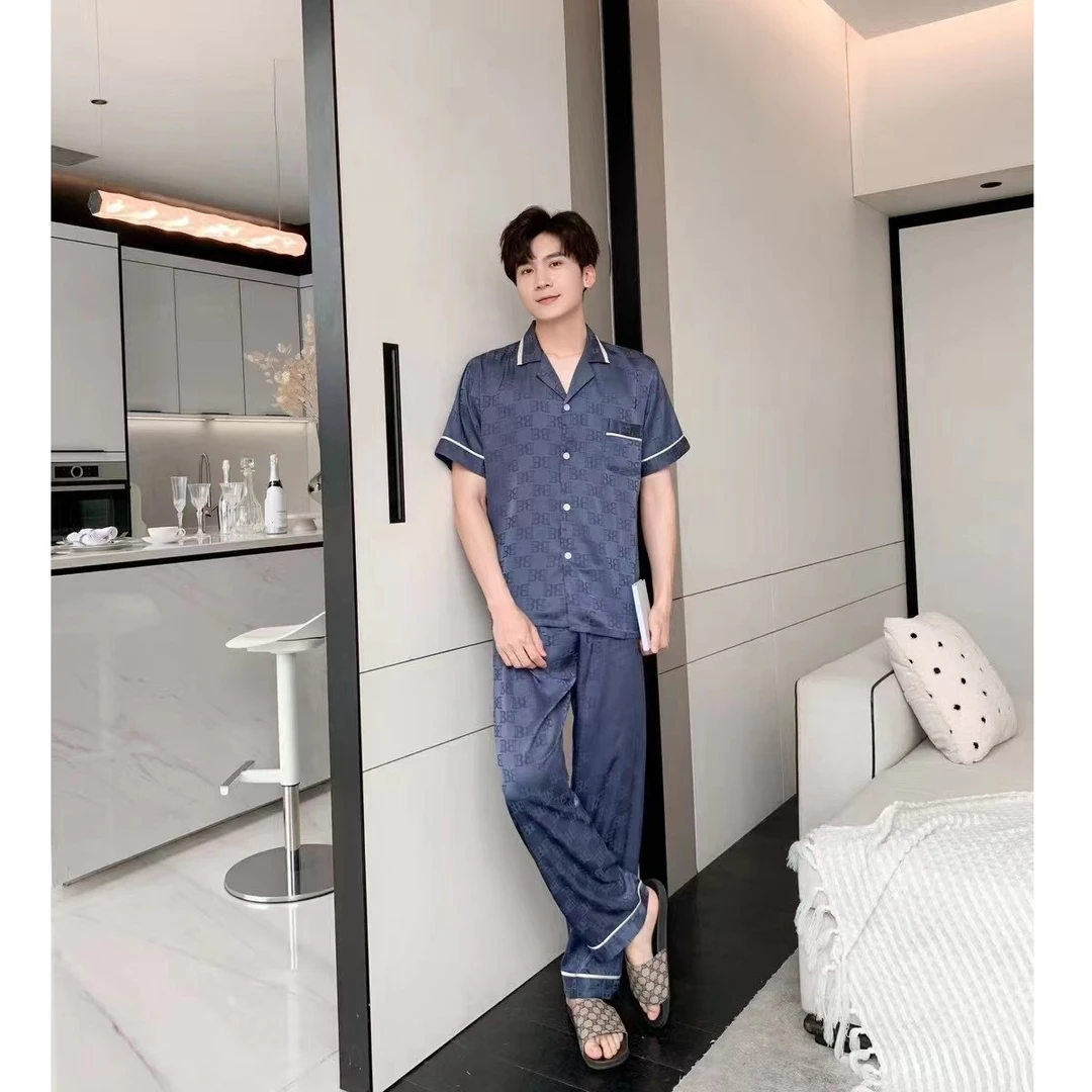 上海故事真丝手感冰雪丝男士睡衣提花短袖两件套休闲家居服套装