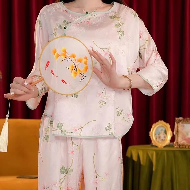 达芬奇密码高档丝质睡衣女士家居服春夏秋季凉感冰雪丝国风新中式