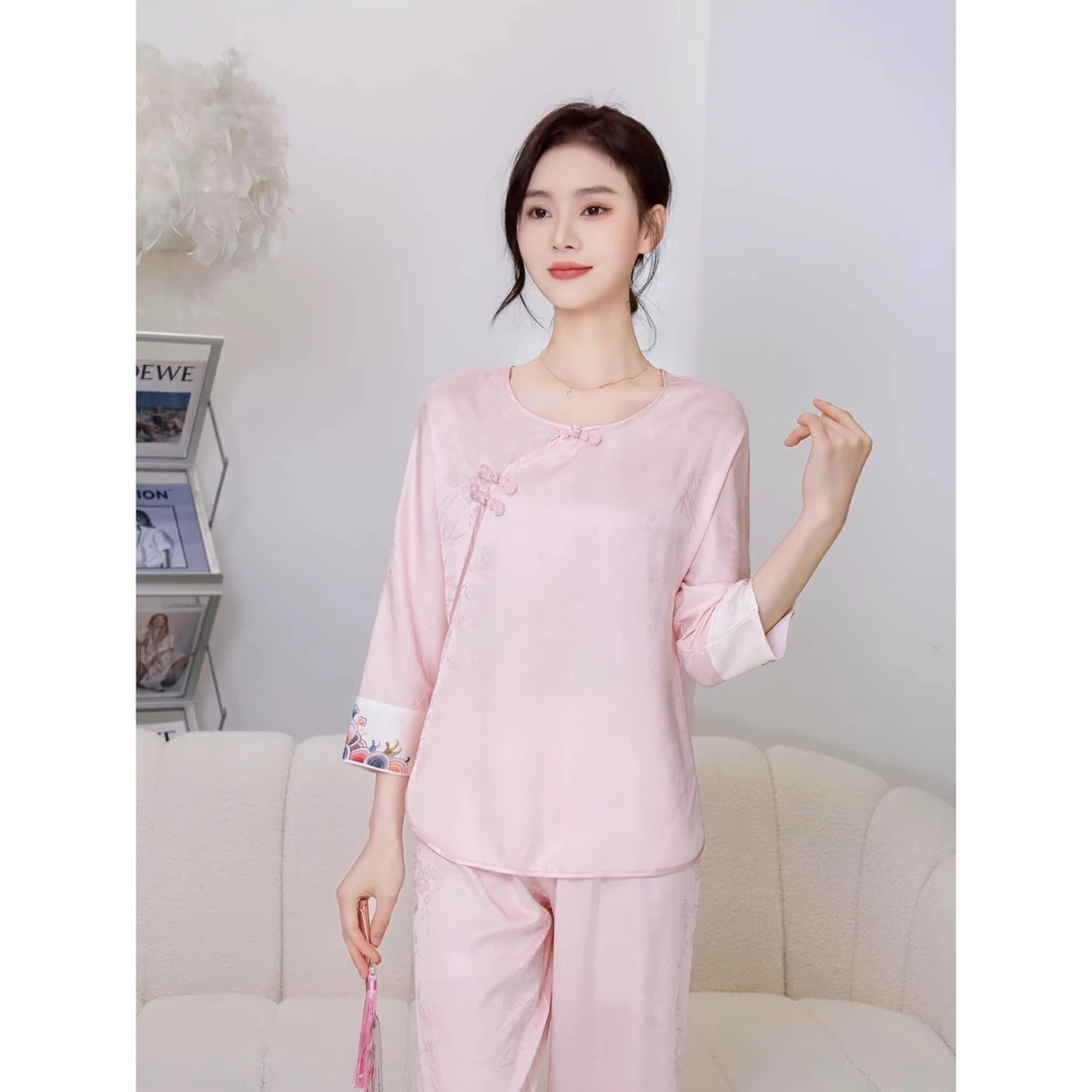 达芬奇密码女士高档丝质睡衣家居服薄款套装春夏秋季大码时尚宽松