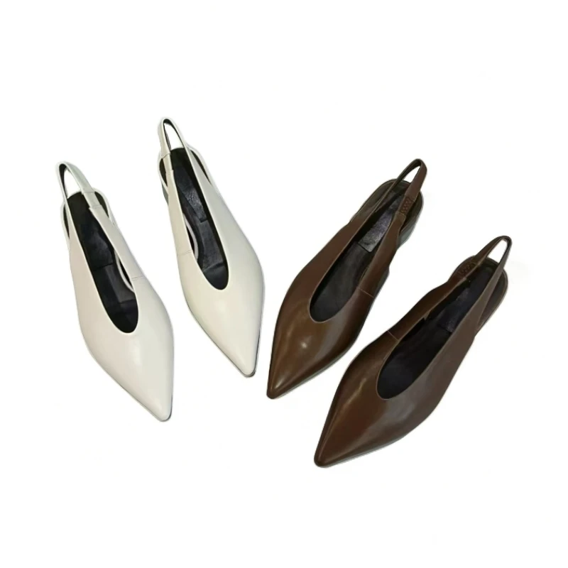 高版2024春夏新款性感尖头凉鞋女真皮包头半拖鞋猫跟女巫后空单鞋