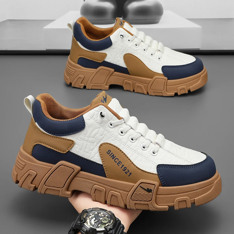 双星男鞋秋季新款潮流休闲皮面防水耐磨厚底运动一脚蹬男士劳保鞋