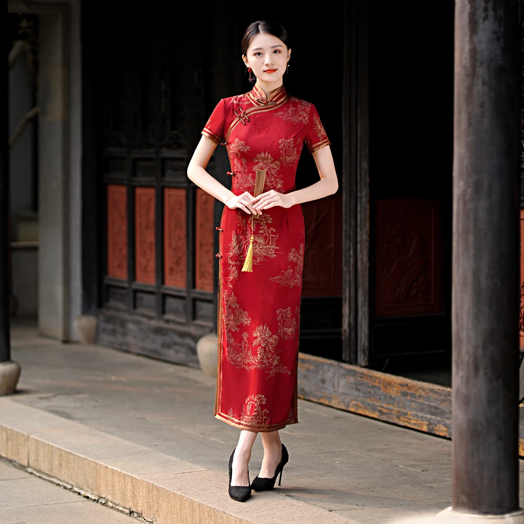 国风旗袍-中国风红色复古时尚修身显瘦高端优雅日常中长款旗袍