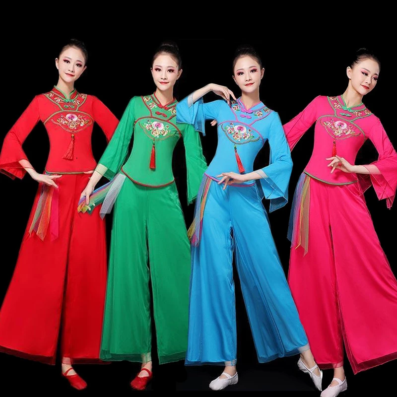 新款女士绣花舞蹈服长袖吊坠古典舞民族风广场舞套装春夏表演服