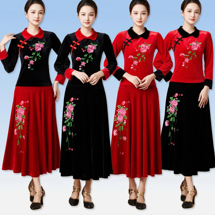 广场舞服装新款套装秋冬金丝绒民族刺绣舞蹈服韩国绒团队跳舞