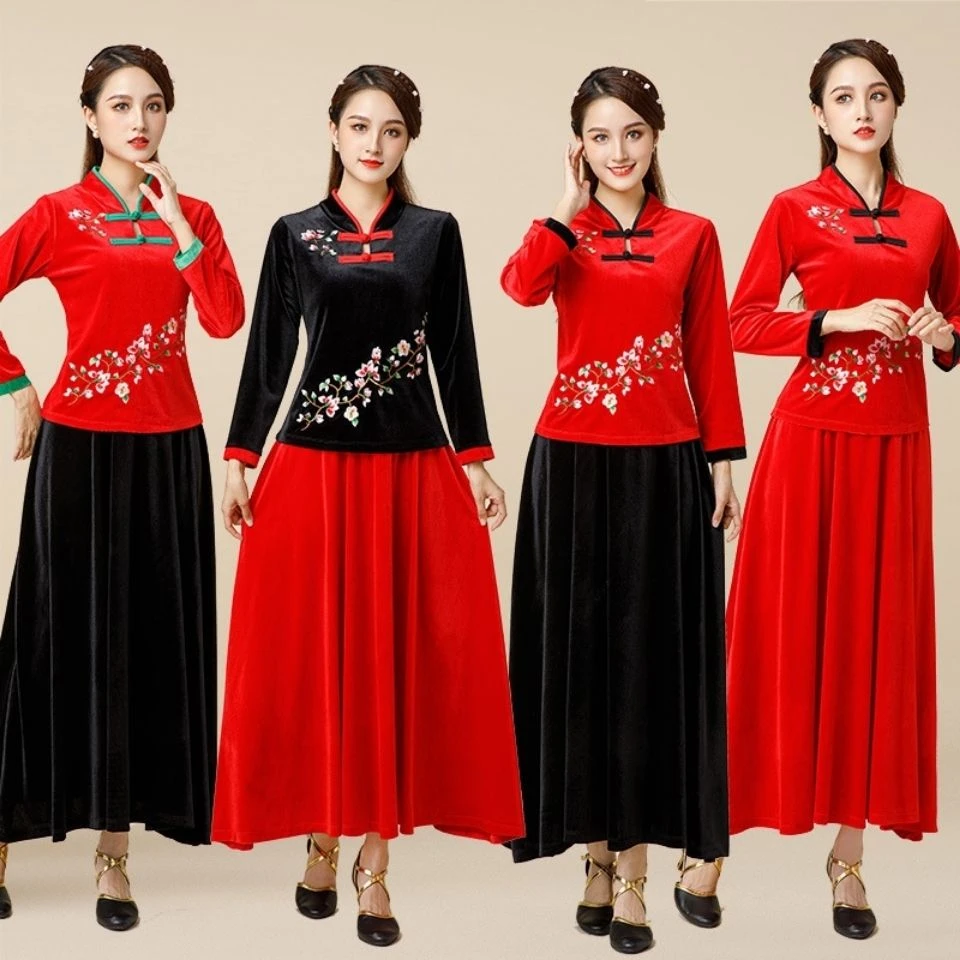 广场舞服装套装新款秋冬民族风中老年秧歌刺绣长裙演出服女