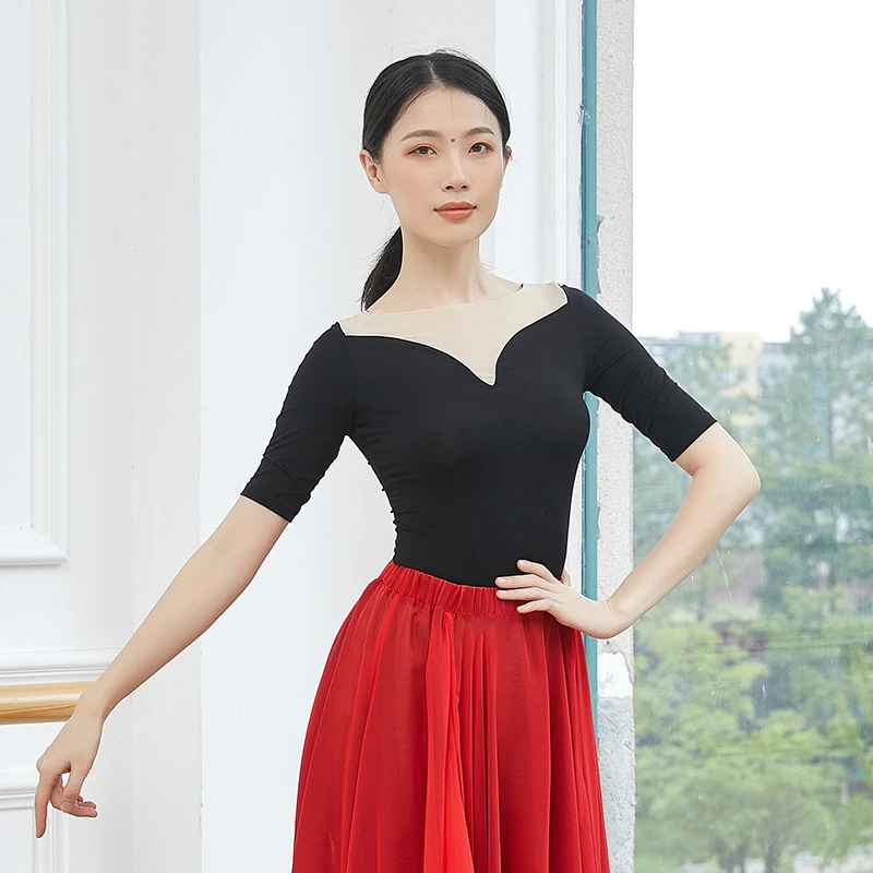 性感网纱拼接名族古典舞演出服上衣现代中国舞基础训练练功服