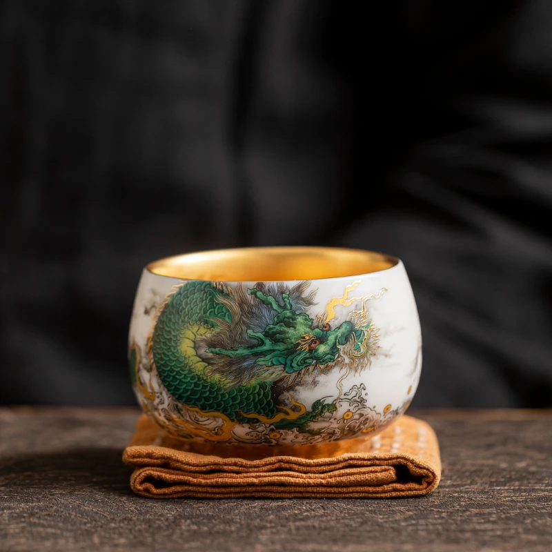 周鸿杰高端茶器手作青龙鎏金禅定主人杯陶瓷茶杯个人杯 2641