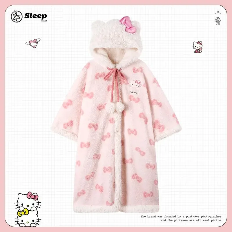 HelloKitty斗篷睡衣女秋冬季珊瑚绒加绒加厚少女凯蒂猫睡袍家居服
