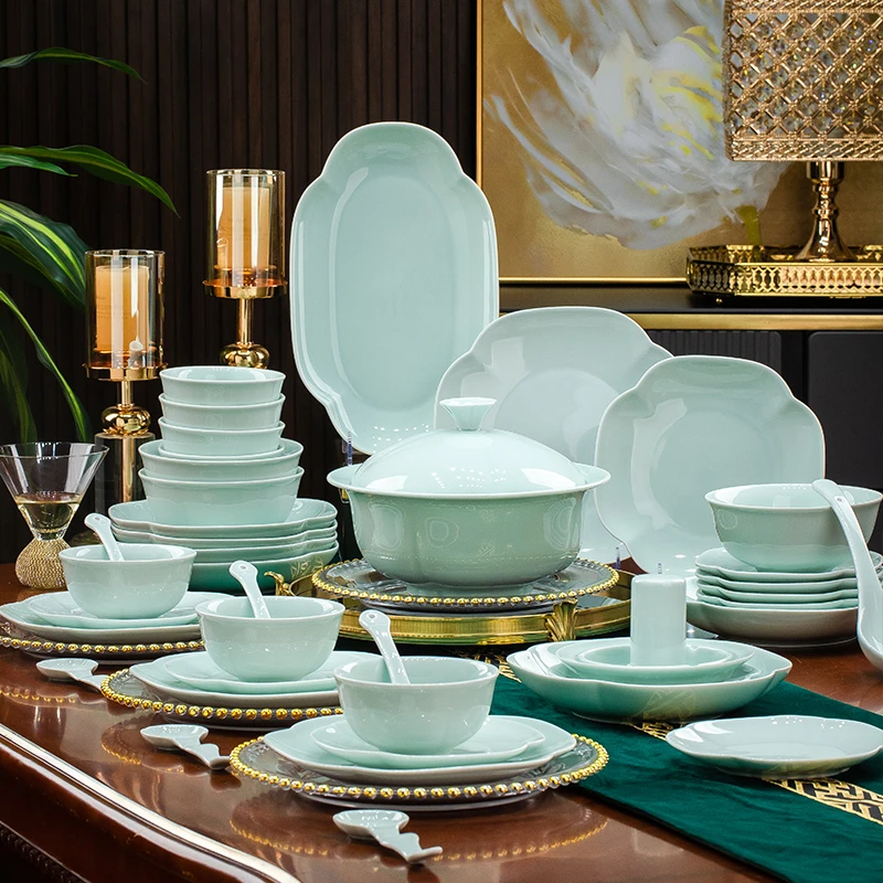 景德镇高白泥陶瓷餐具套装如院似骅青80头餐具釉下家用新中式碗盘
