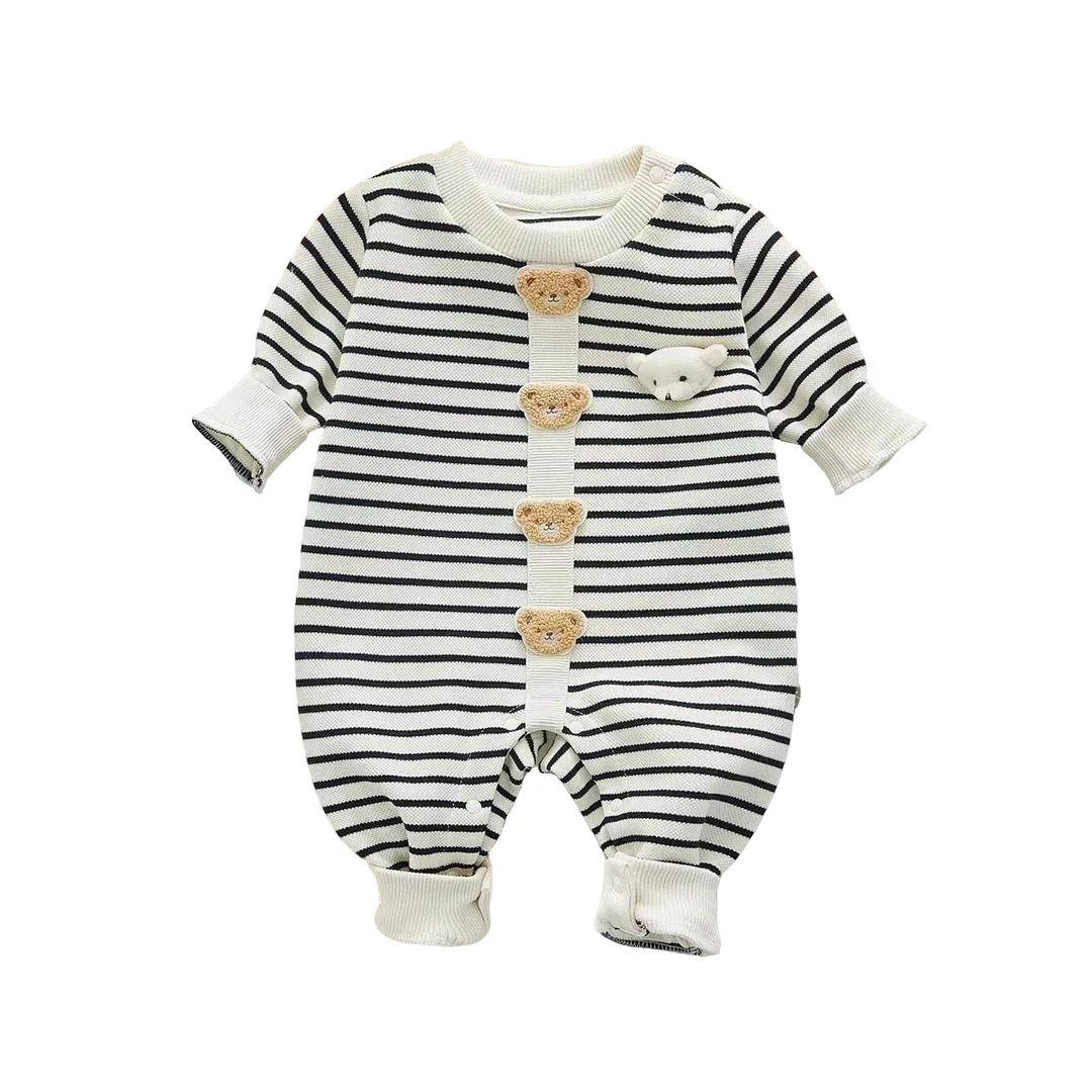 新款宝宝春秋款条纹单层可爱洋气四只小熊连体哈衣爬爬服幼儿婴儿