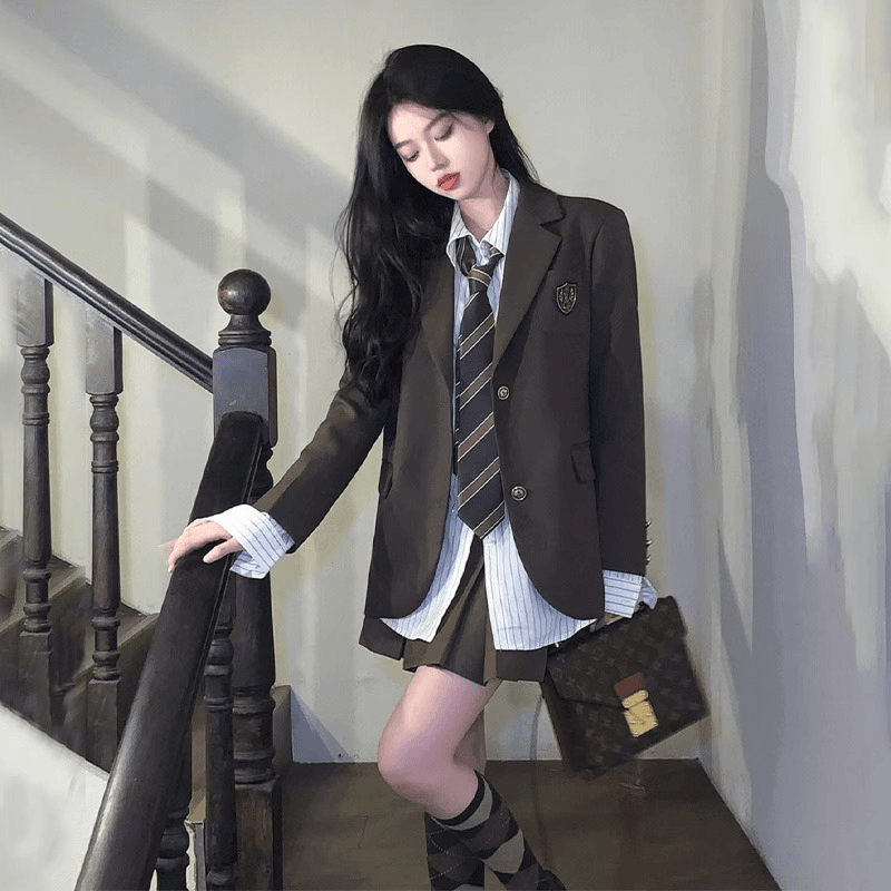 学院风西装套装女春秋jk制服复古小洋装校服休闲甜辣百褶裙两件套