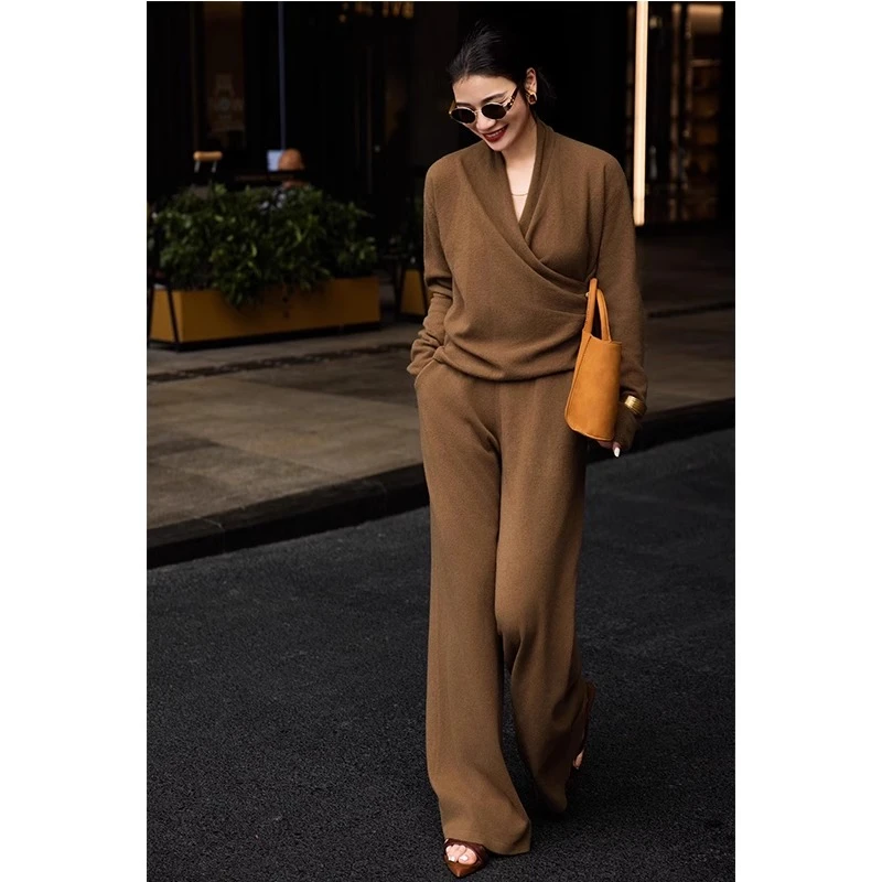 美拉德针织套装女秋冬高级感气质复古慵懒风松弛毛衣阔腿裤两件套