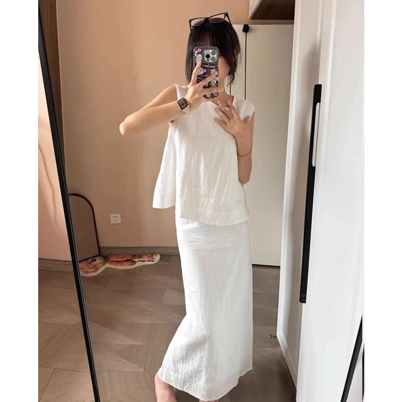 法式休闲夏亚麻气质套装女盐系度假风轻熟风无袖背心半身裙两件套