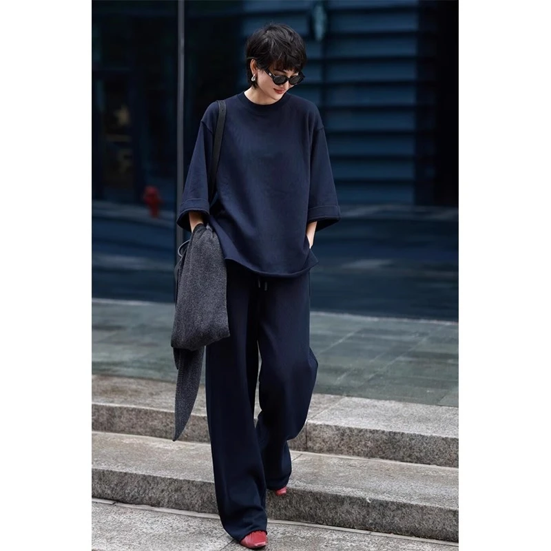 休闲春秋运动套装女韩系极简风慵懒时尚气质深蓝卫衣阔腿裤两件套