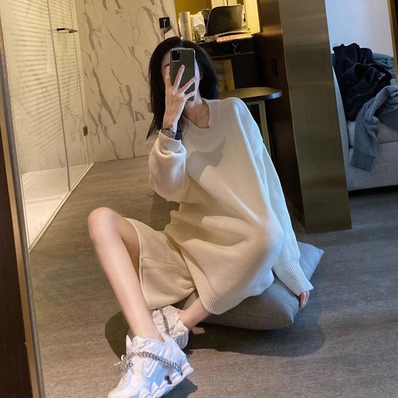 休闲运动套装女2024新款春秋季时髦韩系慵懒风针织卫衣短裤两件套