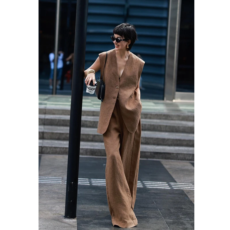 复古时尚气质亚麻套装女2024夏季简约休闲宽松V领马甲长裤两件套