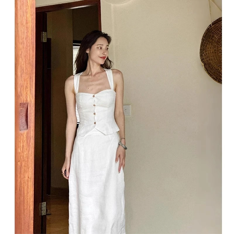 高级感时尚亚麻名媛吊带气质套装女2025复古显瘦马甲半身裙两件套