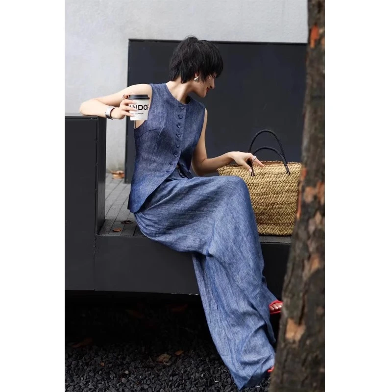 老钱夏季松弛感亚麻牛仔套装女复古高级感无袖马甲长裤通勤两件套